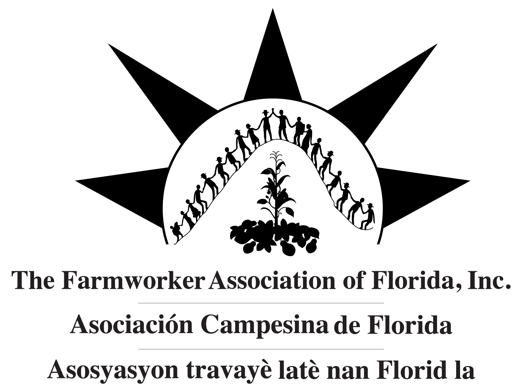 Farmworker Association of Florida logo in black and white in English, Spanish, and Creole